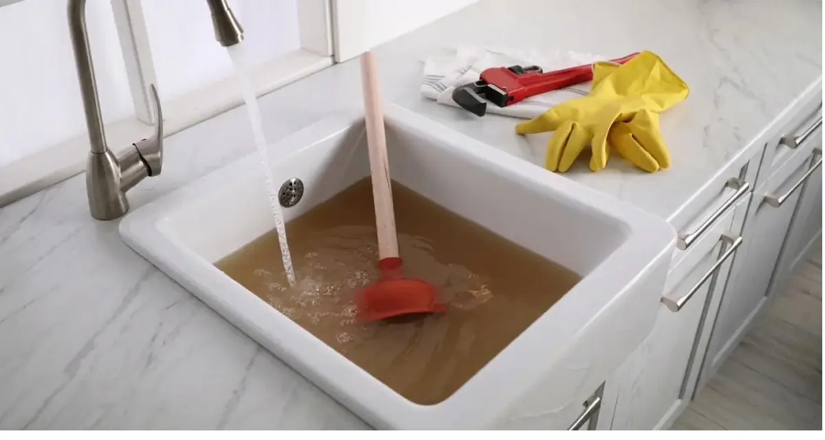 Fregadero de cocina atascado con agua acumulada